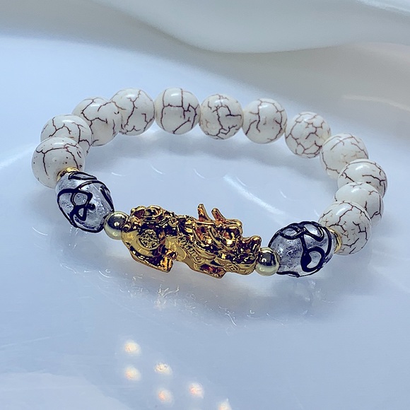 MAGNESITE & PIXIU DRAGON  NATURAL BRACELET size 7” - Picture 4 of 7